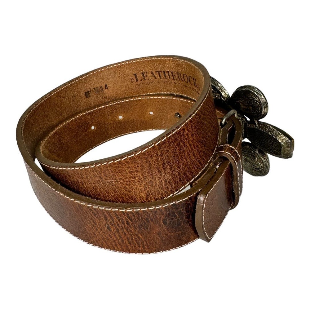 Leatherock Flower Stone Buckle Leather Belt 34 Brown Boho Western Embellished - Picture 2 of 6